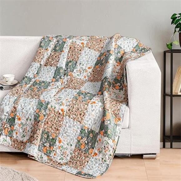 Boho Patchwork Pattern Quilted Throw Blanket for Bed/Couch/Sofa, Soft - Picture 7 of 7